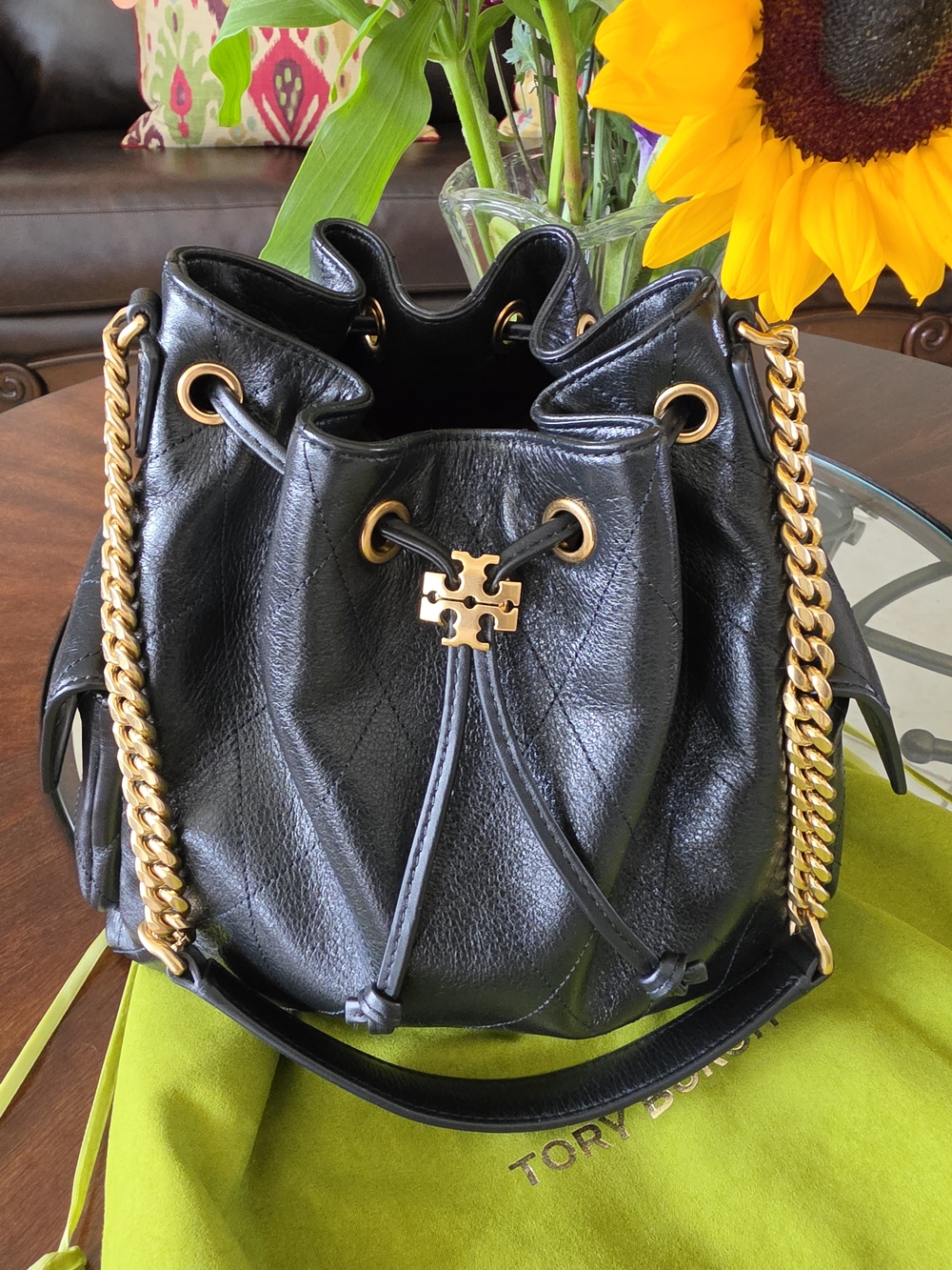 Tory Burch Black Leather Drawstring Bucket Bag with Gold Chain Detail